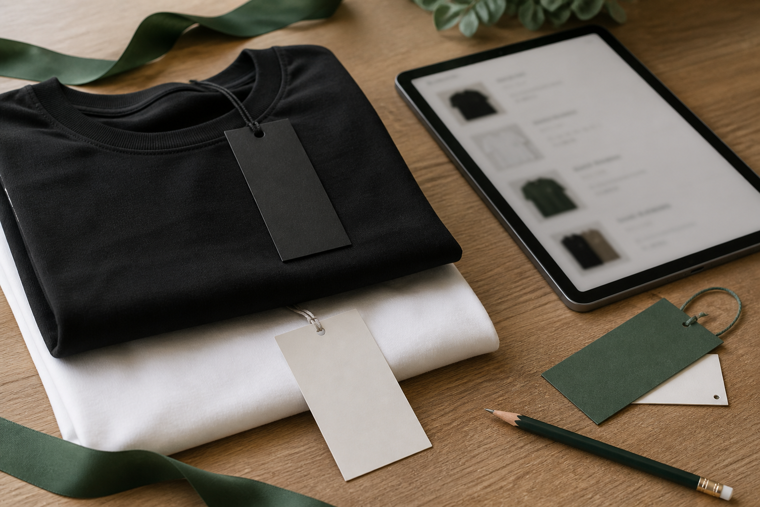 Apparel samples and product tags on a work table