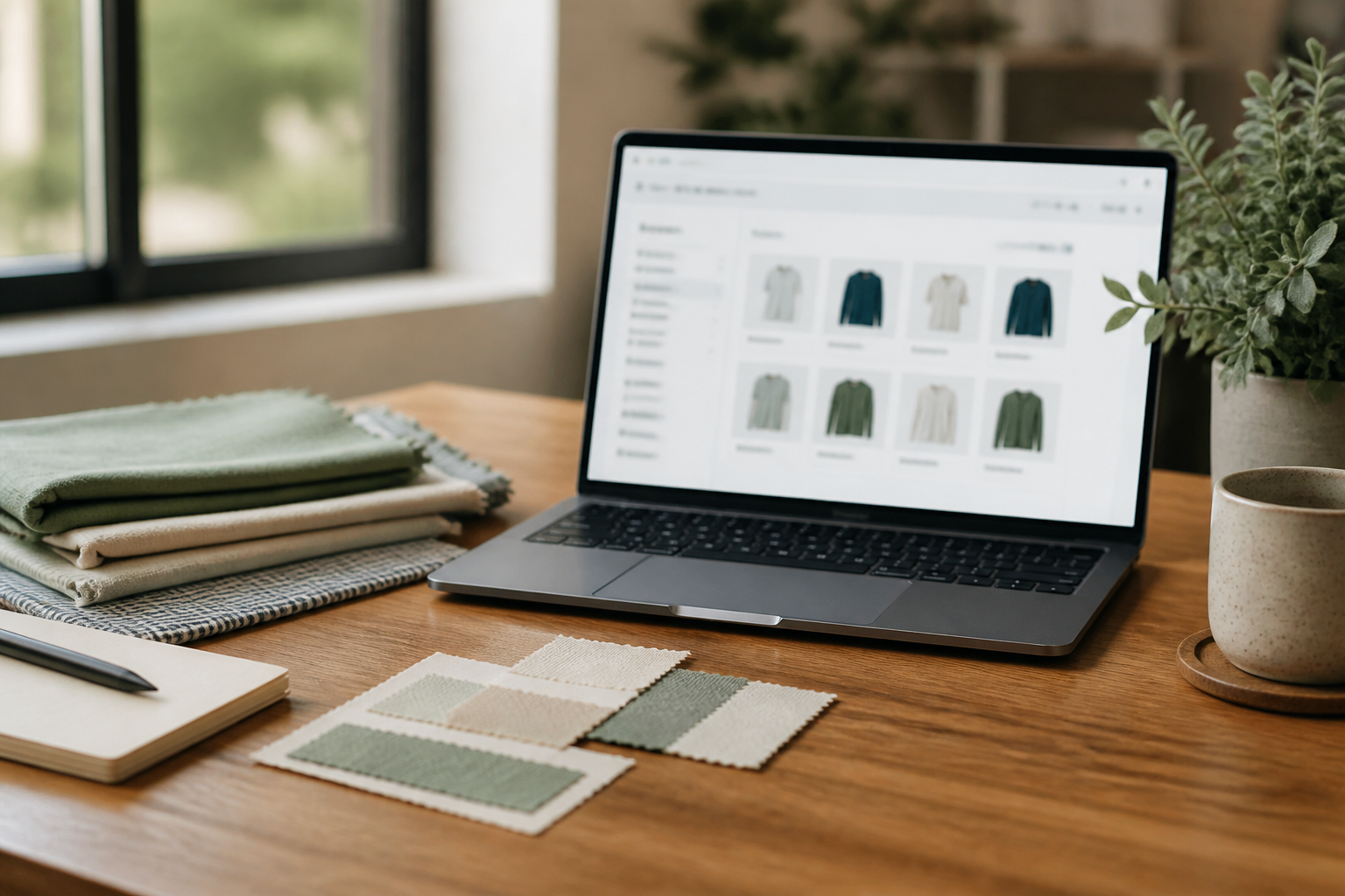 Merchant workspace with product samples and laptop